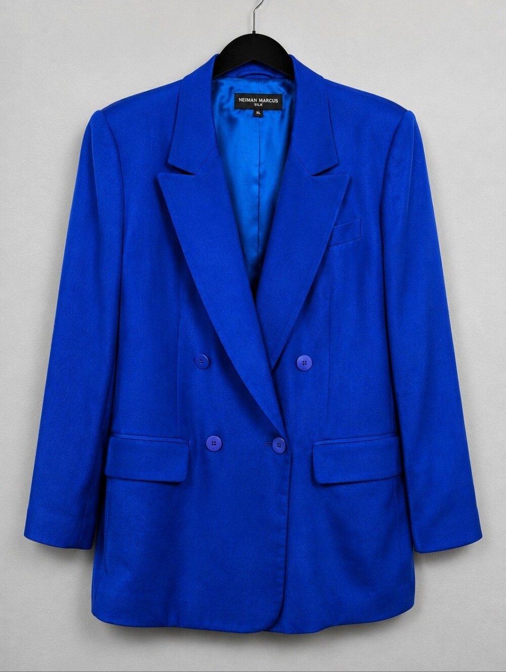 Vintage Neiman Marcus 100% Silk Cobalt Blue Double Breasted Blazer Jacket 90s XL